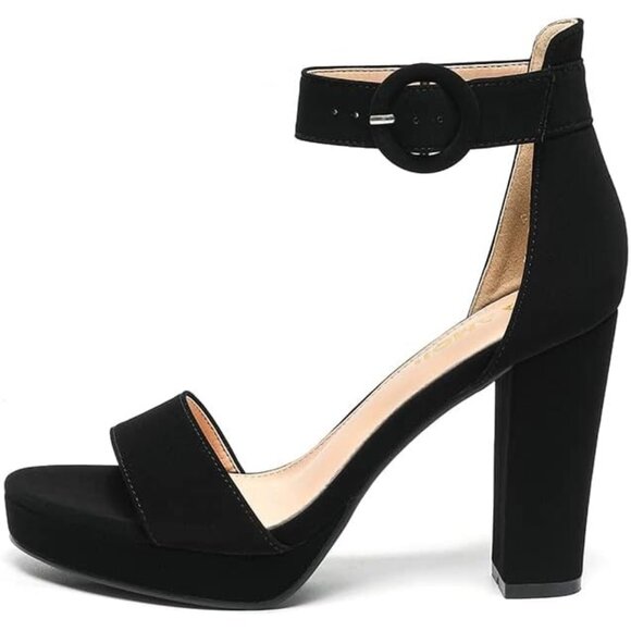 Amoji Women Nubuck-black Faux Suede Open Toe High Heel Chunky Platform Sandals - Picture 2 of 8